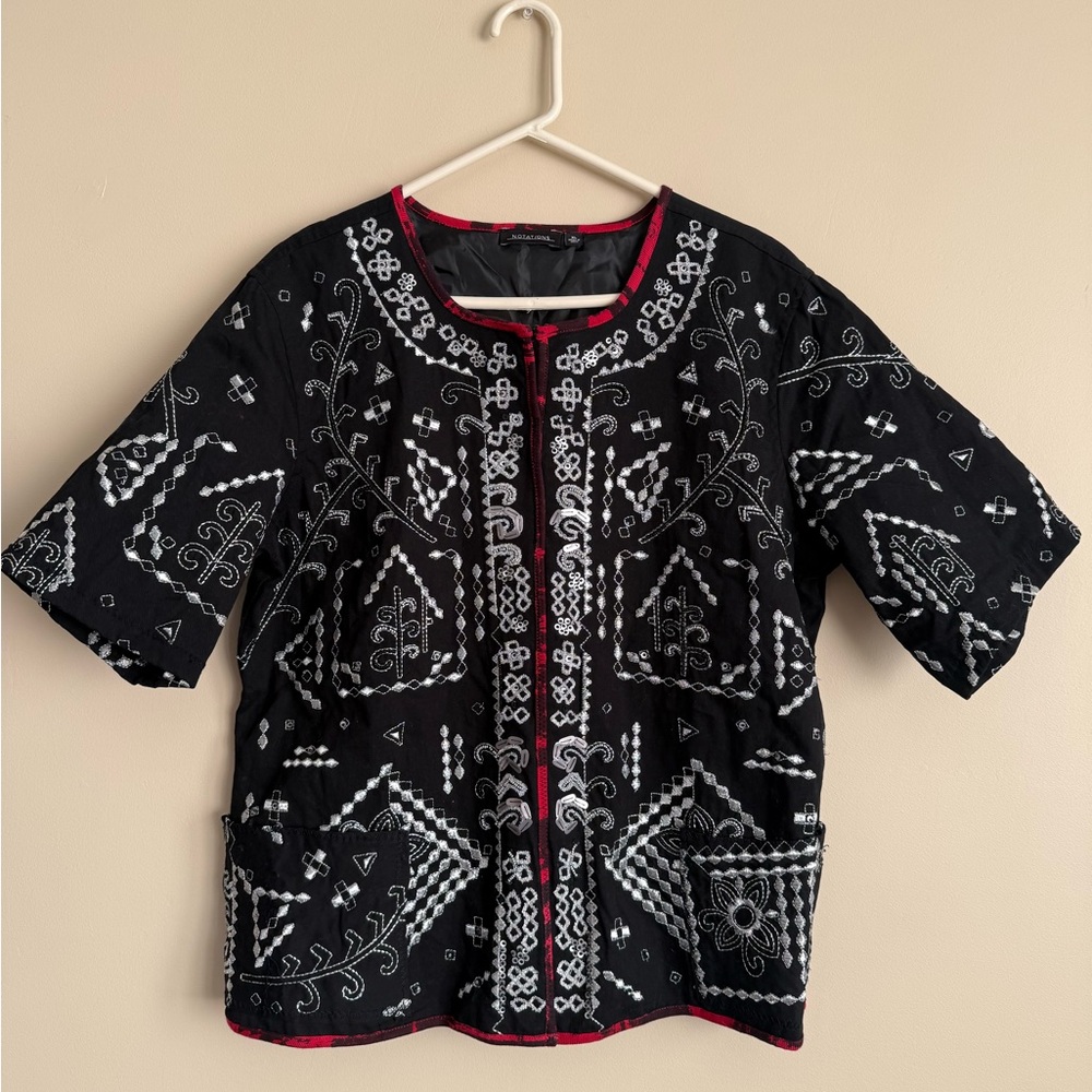 Notations Black Embroidered Sequined Embellished Bohemian Tribal Top Blouse XL